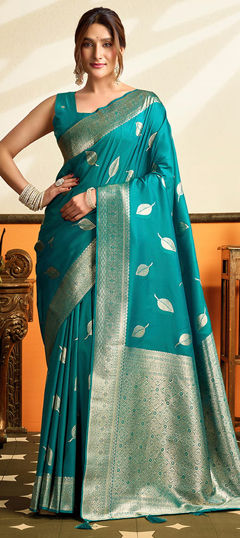 Blue color Saree in Blended fabric with Weaving work