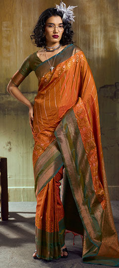 Beige and Brown color Saree in Blended fabric with Weaving work