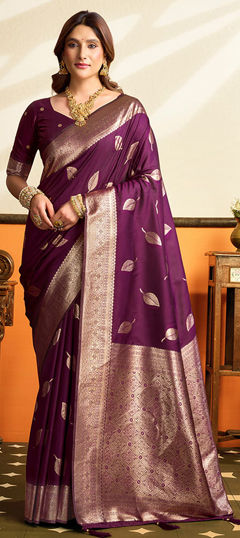 Purple and Violet color Saree in Blended fabric with Weaving work