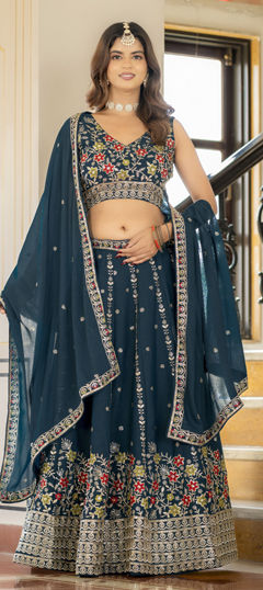 Blue color Lehenga in Georgette fabric with Embroidered, Sequence, Thread, Zari work