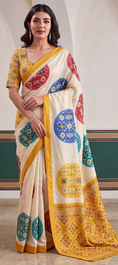 White and Off White, Yellow color Saree in Crepe Silk fabric with Digital Print, Mirror work