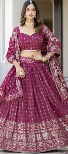 Pink and Majenta color Lehenga in Silk fabric with Foil Print work