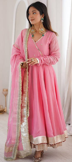 Pink and Majenta color Salwar Kameez in Organza Silk fabric with Gota Patti, Mirror work