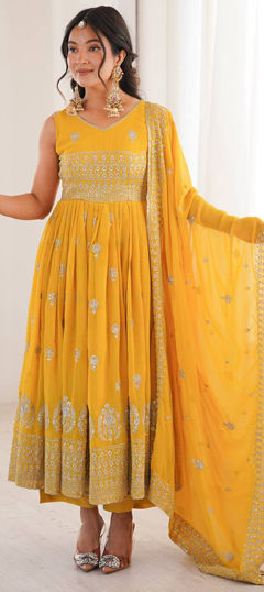 Yellow color Salwar Kameez in Faux Georgette fabric with Embroidered, Thread work
