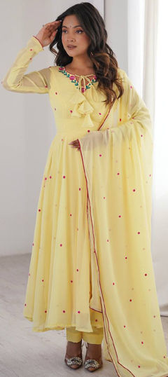 Yellow color Salwar Kameez in Faux Georgette fabric with Embroidered, Thread work