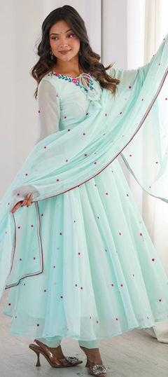 Blue color Salwar Kameez in Faux Georgette fabric with Embroidered, Thread work