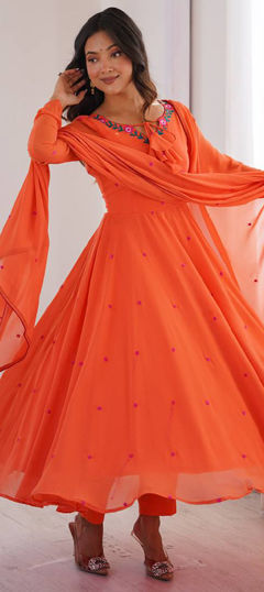Orange color Salwar Kameez in Faux Georgette fabric with Embroidered, Thread work
