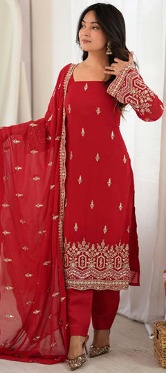Red and Maroon color Salwar Kameez in Faux Georgette fabric with Embroidered, Thread work