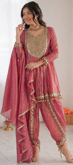 Purple and Violet color Salwar Kameez in Crushed Silk fabric with Mirror, Thread work