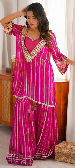 Pink and Majenta color Salwar Kameez in Silk fabric with Mirror, Thread work