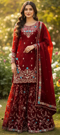 Red and Maroon color Salwar Kameez in Silk fabric with Sequence, Thread work