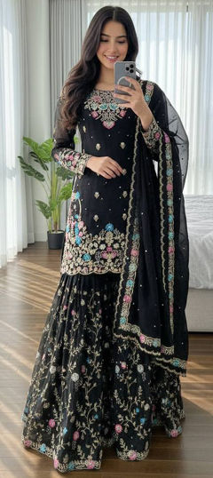 Black and Grey color Salwar Kameez in Silk fabric with Sequence, Thread work