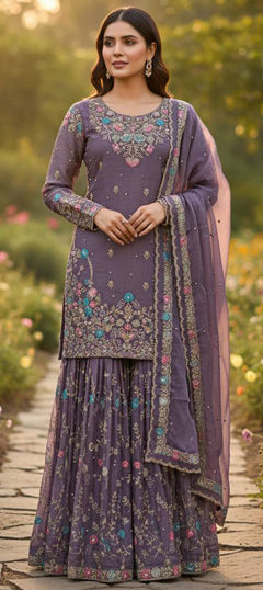 Purple and Violet color Salwar Kameez in Silk fabric with Sequence, Thread work