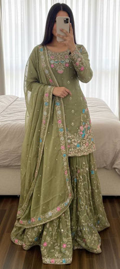 Green color Salwar Kameez in Silk fabric with Sequence, Thread work
