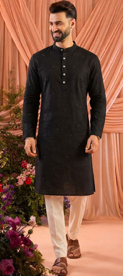 Black and Grey color Kurta Pyjamas in Cotton, Linen fabric with Embroidered work