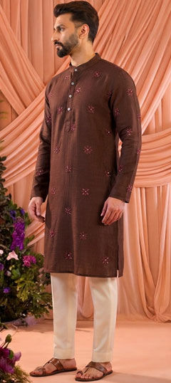 Beige and Brown color Kurta Pyjamas in Cotton, Linen fabric with Embroidered work