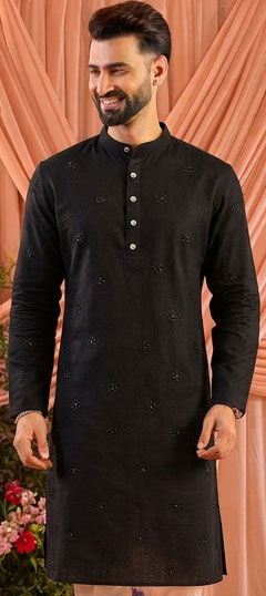 Black and Grey color Kurta in Cotton, Linen fabric with Embroidered work
