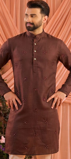 Beige and Brown color Kurta in Cotton, Linen fabric with Embroidered work
