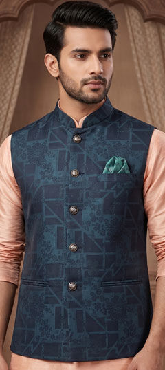 Blue color Nehru Jacket in Rayon fabric with Weaving work