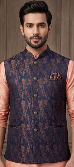 Blue color Nehru Jacket in Rayon fabric with Weaving work