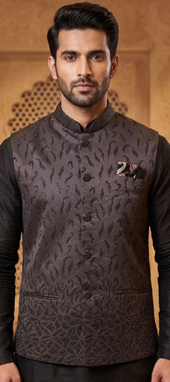 Black and Grey color Nehru Jacket in Satin fabric with Weaving work