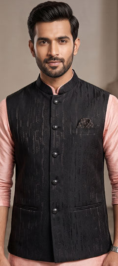 Black and Grey color Nehru Jacket in Rayon fabric with Weaving work