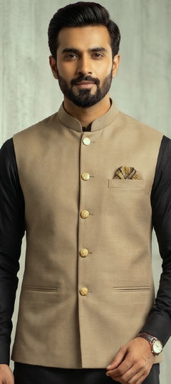 Beige and Brown color Nehru Jacket in Rayon fabric with Thread work