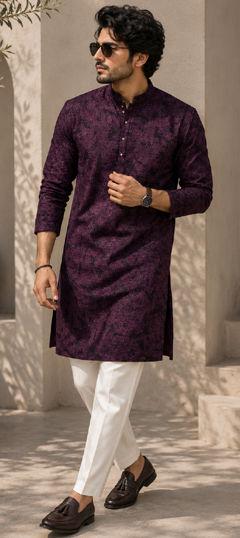 Purple and Violet color Kurta Pyjamas in Cotton fabric with Embroidered work