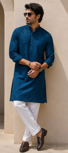 Blue color Kurta Pyjamas in Cotton fabric with Embroidered work
