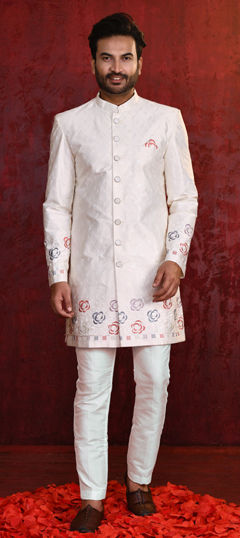 White and Off White color IndoWestern Dress in Banarasi Silk fabric with Embroidered, Thread work
