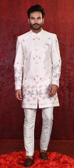 White and Off White color IndoWestern Dress in Banarasi Silk fabric with Embroidered, Thread work
