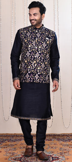 Blue color Kurta Pyjama with Jacket in Art Dupion Silk fabric with Embroidered work