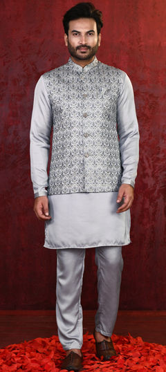 Black and Grey color Kurta Pyjama with Jacket in Silk fabric with Embroidered work