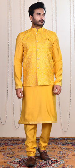 Yellow color Kurta Pyjama with Jacket in Silk fabric with Embroidered work