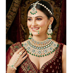 Gold Rodium Polish Green color Necklace in Metal Alloy studded with CZ Diamond, Kundan, Pearl