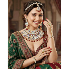 Gold Rodium Polish Red and Maroon color Necklace in Metal Alloy studded with CZ Diamond, Kundan, Pearl