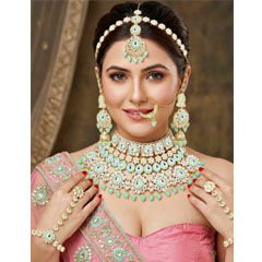 Gold Rodium Polish Green color Necklace in Metal Alloy studded with CZ Diamond, Kundan, Pearl