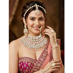 Gold Rodium Polish Pink and Majenta color Necklace in Metal Alloy studded with CZ Diamond, Kundan, Pearl