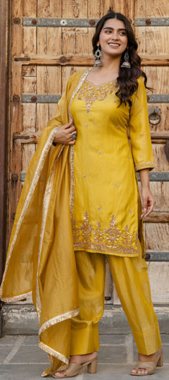 Yellow color Salwar Kameez in Satin Silk fabric with Embroidered work