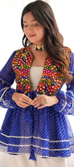 Blue color Kurti in Faux Georgette fabric with Embroidered, Lehariya, Mirror, Printed work