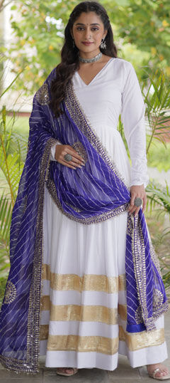White and Off White color Gown in Rayon fabric with Embroidered work