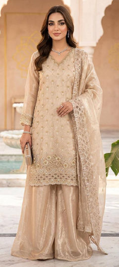 Beige and Brown color Salwar Kameez in Tissue fabric with Bugle Beads, Embroidered, Sequence work