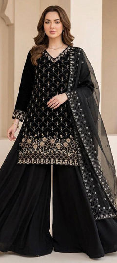 Black and Grey color Salwar Kameez in Tissue fabric with Bugle Beads, Embroidered, Sequence work