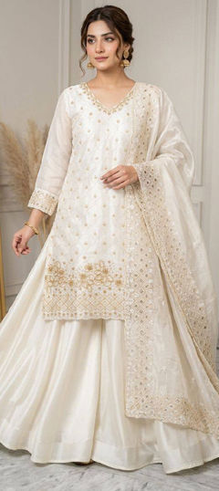 White and Off White color Salwar Kameez in Tissue fabric with Bugle Beads, Embroidered, Sequence work