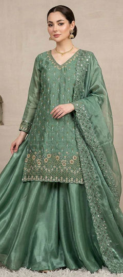 Green color Salwar Kameez in Tissue fabric with Bugle Beads, Embroidered, Sequence work
