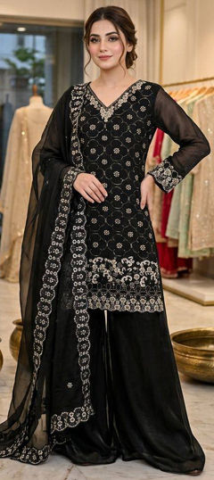 Black and Grey color Salwar Kameez in Tissue fabric with Bugle Beads, Embroidered, Sequence work