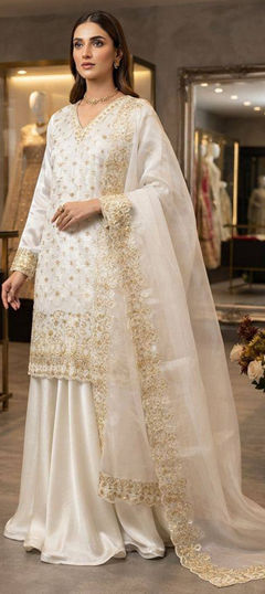 White and Off White color Salwar Kameez in Tissue fabric with Bugle Beads, Embroidered, Sequence work