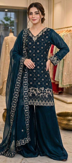 Blue color Salwar Kameez in Tissue fabric with Bugle Beads, Embroidered, Sequence work