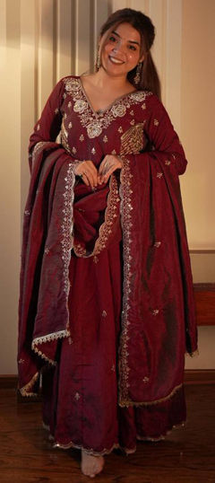 Red and Maroon color Salwar Kameez in Silk fabric with Bugle Beads, Embroidered, Sequence work