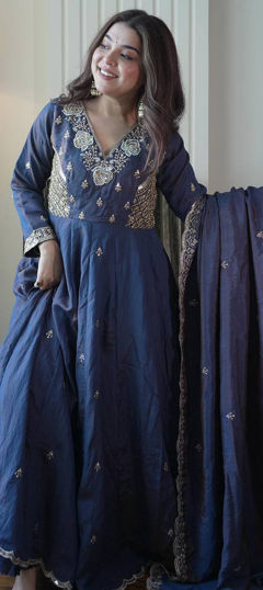 Blue color Salwar Kameez in Silk fabric with Bugle Beads, Embroidered, Sequence work